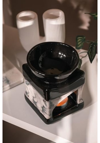 Love Bundles Fil Desenli Seramik El Yapımı Buhurdanlık Mumluk Dekoratif Buhardanlık 1 Tealight Mum Ile Siyah 50 x 22