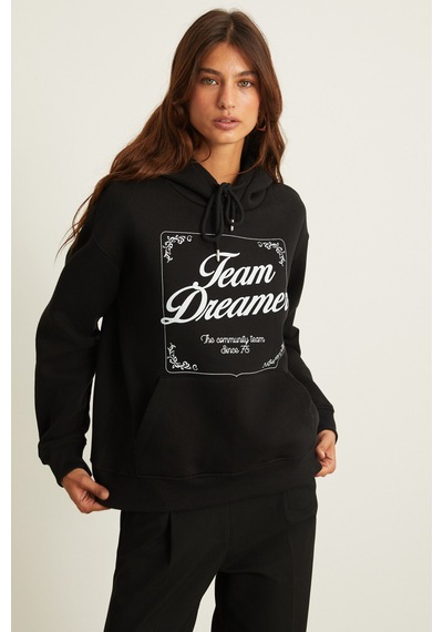 Grimelange Sabine Kadın Baskı Detaylı İçi Polarlı Kapüşonlu Kanguru Cepli Relaxed Fit Siyah Sweatshirt