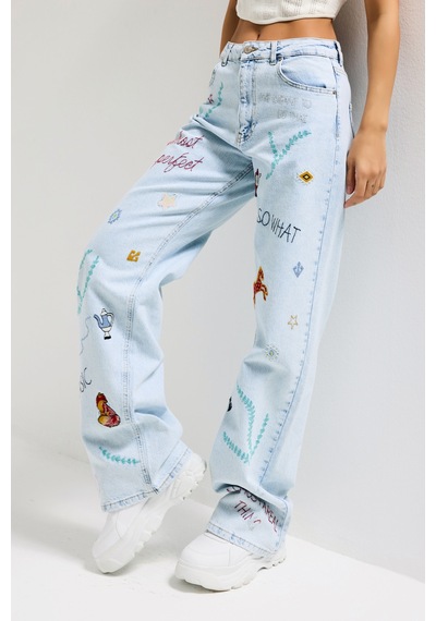 Itsbasic Kadın Ice 3s6-100 Straight Fit Özel Figür Nakışlı Tasarım Denim Jean Buz Mavi