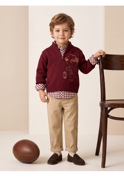 Zekids Erkek Çocuk Bordo Ayıcık Nakışlı Triko Kazak Gömlek Ve Pantolon Takım-17439