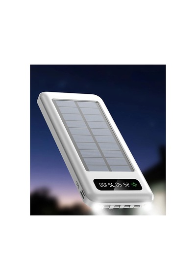 10000 Mah Powerbank Göstergeli Powerbank Solar Powerbank Güneş Enerjili Fenerli 4 Çıkışlı Beyaz
