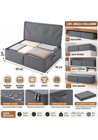 Baza Altı Kapaklı Saklama Hurcu 93x55x19 Cm Gri Çok Amaçlı Yorgan, Nevresim Ve Kıyafet Düzenleyici Organizer