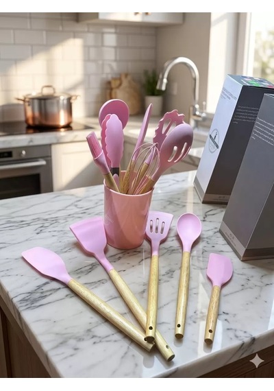 12 Parça Bambu Saplı Silikon Mutfak Gereçleri Seti - Pembe Mutfak Servis Seti Belirtilmemiş
