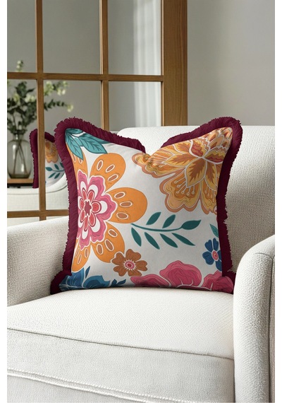Boho Çiçek Motifli Saçaklı Yastık Kılıfı-tropik Botanik Retro Turuncu Bordo Püsküllü Kırlent Kılıfı Haki