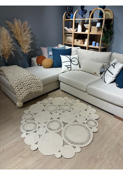 Mavaux Harmony Jüt Doğal Hasır Kilim Bej Geometrik Bohem Yuvarlak El Örmesi Halı Krem