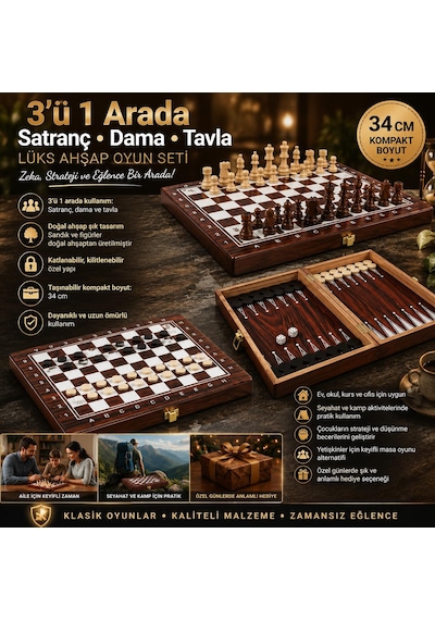 Lüks Ahşap 3ü 1 Arada Satranç Dama Tavla Seti Katlanabilir Kilitli Oyun & Eğlence Takımı 34 Cm