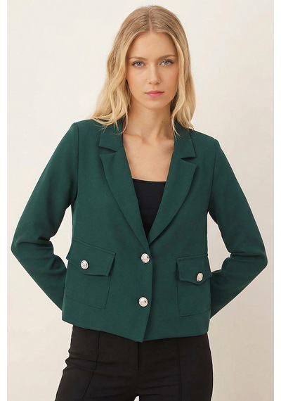 Armonika Kadın Zümrüt Erkek Yaka Kare Cepli Crop Ceket Arm-26k001026