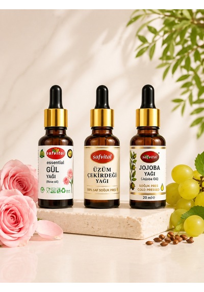 Gül+jojoba+üzüm Çekirdeği Yağı Cilt Bakım Yağ Seti 3 Lü Işıltı Ve Nem Desteği 3x20 Ml