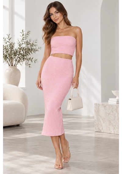 Mevese Kadın Bürümcük Kumaş Straplez Crop Ve Midi Kalem Etek İkili Set - Pembe