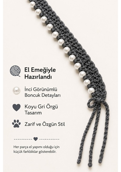 El Örgüsü Kedi Tasması Koyu Gri İnci Boncuklu El Yapımı Düğmeli Kedi Boyun Aksesuarı