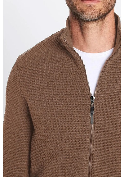 Tudors Erkek Slim Fit Dar Kesim Desenli Yarım Balıkçı Yaka Fermuarlı Kahve Hırka-32614 Kahve Kahverengi