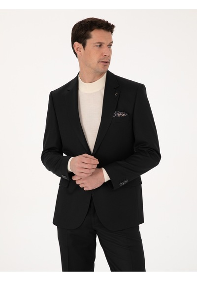 Cacharel Siyah Slim Fit Yün Karışımlı Mikro Desenli Klasik Ceket
