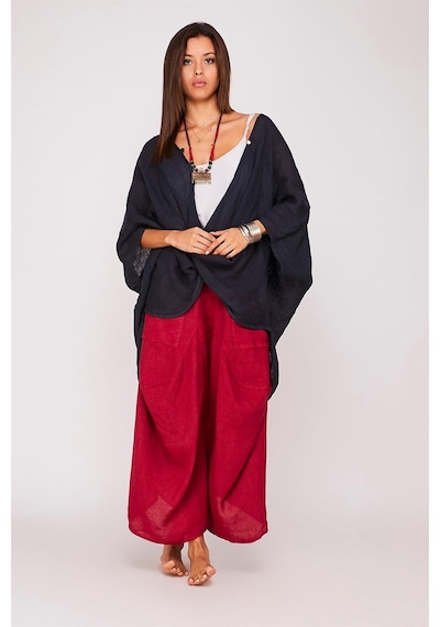 Bohem Stil İtalyan Cepli Keten Şalvar Pantolon 36-48 Beden Arası -8746 Bordo