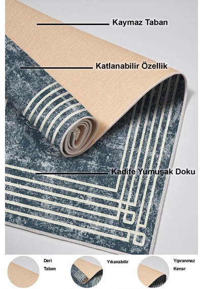 Dekoreko Kaymaz Taban Djt Mutfak Halısı Yıldız Deri Modern M5142 Mavi