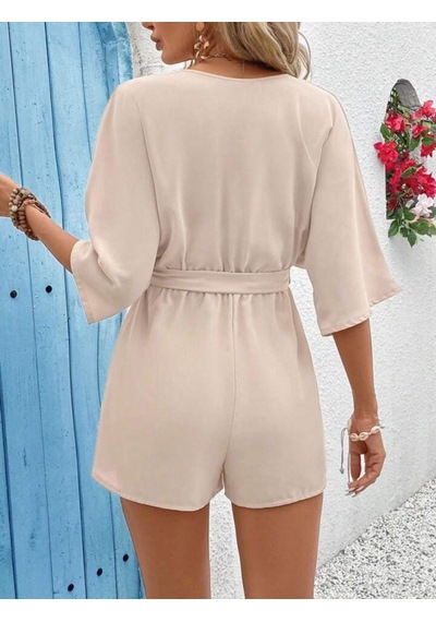 Mythrıva Kadın Kısa Kollu Kruvaze Yaka Belden Kuşaklı Kısa Aerobin Tulum Bej
