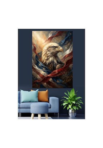 Amerikan Bayraklı Vakur Kartal Başı Yağlı Boya Dokulu Kanvas Tablo Canvas Tablosu