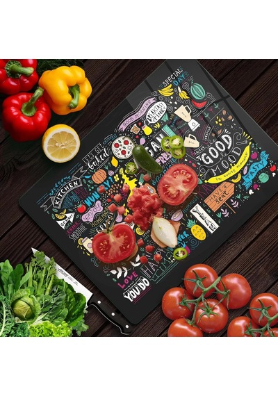Cam Kesme Tahtası Ve Sunumluk Karışık Yazı Desenli 30x40 Cm Çok Renkli