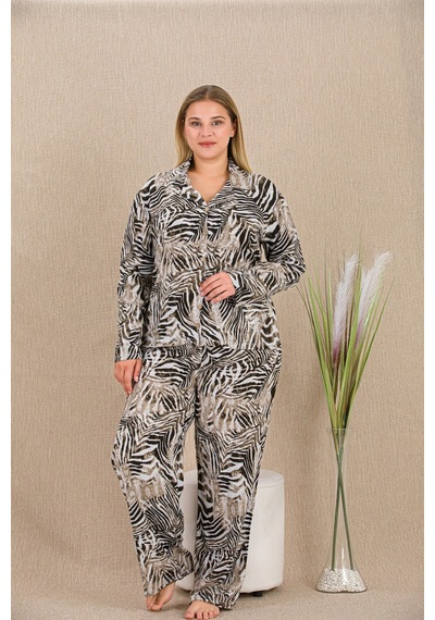 Aria's Closet Arias Closet Büyük Beden Çizgili Düğmeli Uzun Kol Viskon Pijama Takımı Çok Renkli