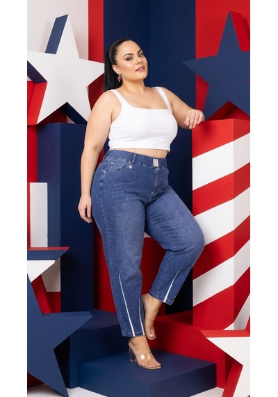 Zanessi Büyük Beden Beli Lastikli Cepli Likralı Denim Mom Kesim Kadın Pantolon Mavi
