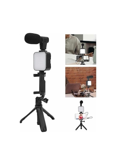 Tripod - 807 - Telefon Tutucu Kumandalı Mikrofon Led Işık Vlog - Csmo-tex - Video Kayıt