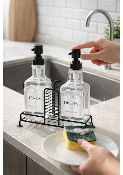 Busstier 2 Li Stantlı Siyah Sıvı Sabunluk Deterjanlık Seti Mutfak Evye Banyo Lavabo Tezgah Üstü Pompalı Dispenser Çok Renkli