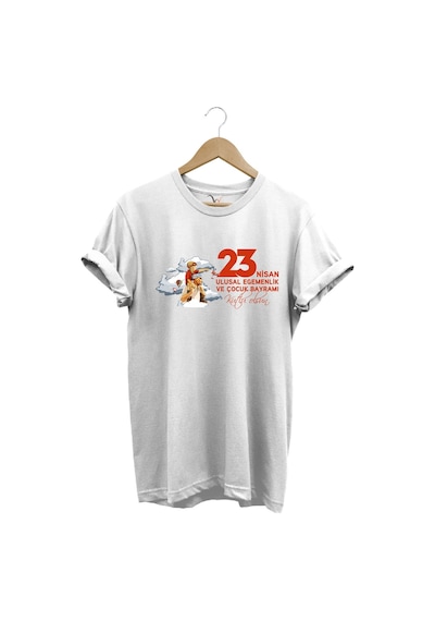 23 Nisan Çocuk Bayramı Mustafa Kemal Atatürk Baskılı %100 Pamuk Regular Fit Bisiklet Yaka T-shirt Beyaz