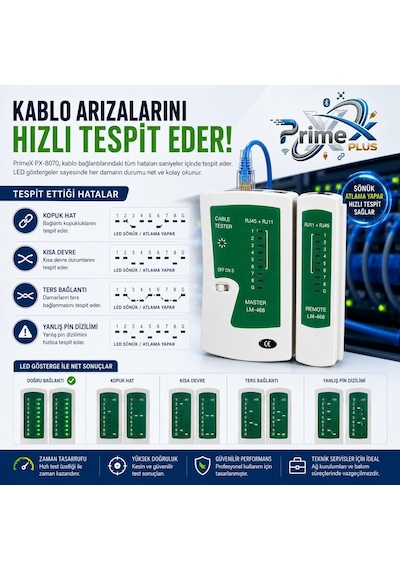 Primex Px-8070 Rj45 Rj11 Kablo Test Cihazı, Cat5 Cat6 Cat7 Cat8 Lan Ethernet Kablo Tester, Adsl Telefon Ve İnternet Kablosu Kontrol Cihazı, Led Göstergeli Network Kablo Test Aleti, 9v Pil İle Çalışır
