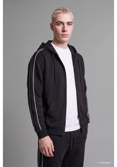 Defacto Boxy Fit Şerit Detaylı Kapüşonlu Fermuarlı Basic Sweatshirt Hırka H4428ax26aubk81 Siyah-bk81