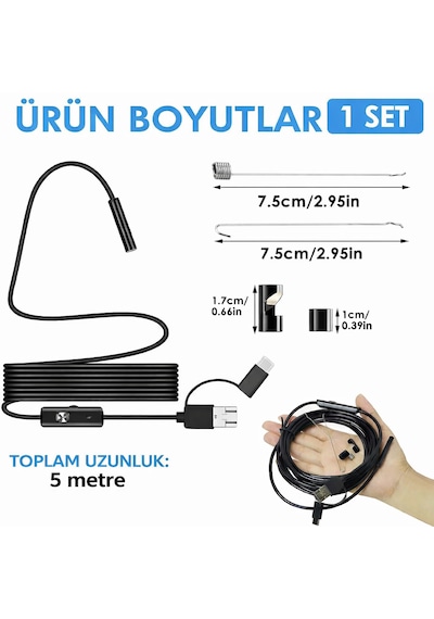 5 Metre Endoskop Kamera Su Geçirmez Led Işıklı Boroskop Yılan Kamera Android Uyumlu Micro+usb+type-c