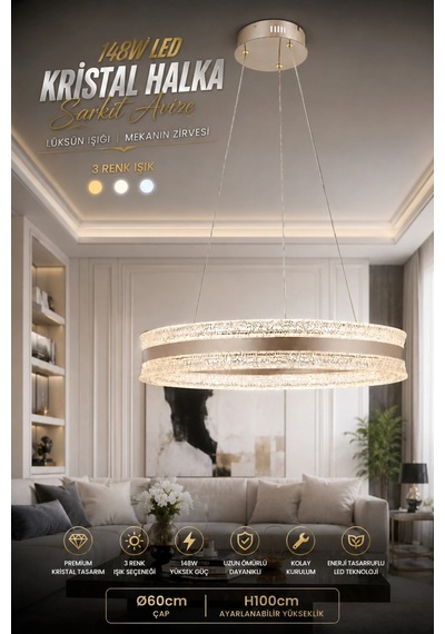 Modern Premium Led Halka Sarkıt Avize Modern Gold Salon Avizesi 148w 3 Renk Beyaz