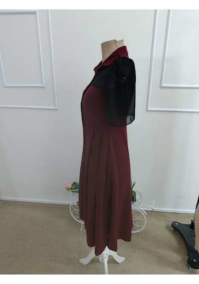 Efnaz Style Kadın Kısa Kollu Yakalı Önden Düğmeli Midi Ithal Krep Elbise Bordo