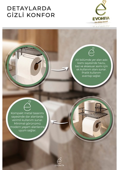 Yapışkanlı Tuvalet Kağıtlığı Mat Siyah Metal Kağıtlık Delmeden Montaj Banyo Organizer