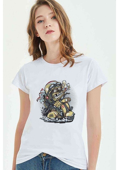 Scooter Smoker Baskılı Beyaz Kadın Tshirt