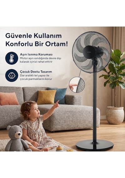 Kumtel Ktf-760 Siyah 16 İnç Ayaklı Vantilatör 50 W,7 Pervaneli,3 Kademeli, 130 Cm Yükseklik