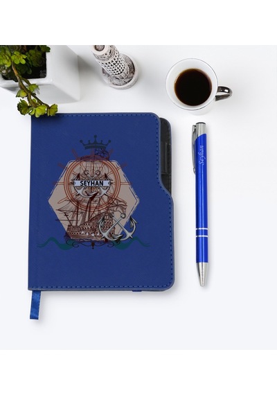 Kişiye Özel Gemi Tasarımlı Lacivert Termo Deri Defter Kalem Seti- N11.2122