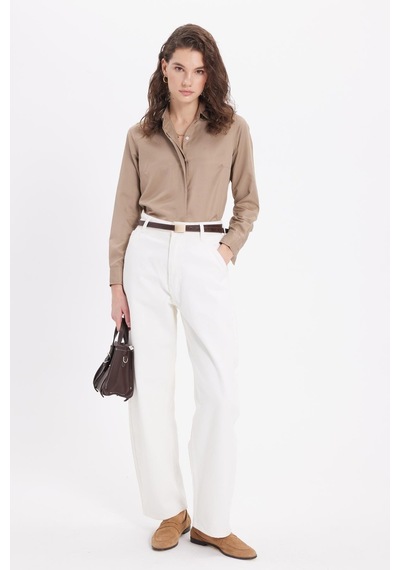 Tudors Kadın Slim Fit Dar Kesim Vucüda Oturan Uzun Kollu Gizli Düğme Detaylı Koyu Vizon Basic Gömlek-41568 Koyu Vizon