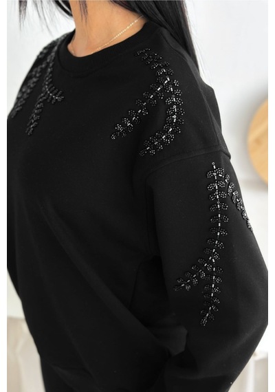 Femelle Siyah Boncuk Ve Pul İşlemeli %100 Pamuk Sweatshirt - Svt14
