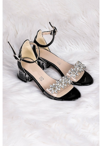 Kiko Kids 790 Rugan Taşlı Kız Çocuk 3 Cm Şeffaf Topuklu Sandalet Siyah
