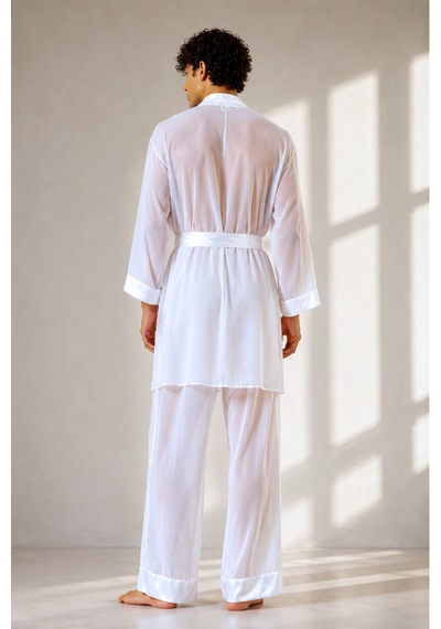 Qmen Style Erkek Şifon Kimono- Pijama - Şort Seti Beyaz