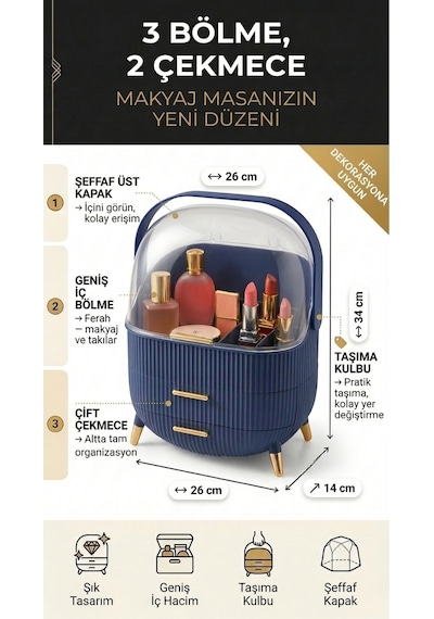 Makri Home Çekmeceli Makyaj, Takı Ve Kozmetik Ürün Düzenleyici, Gri Renk Organizer Gri