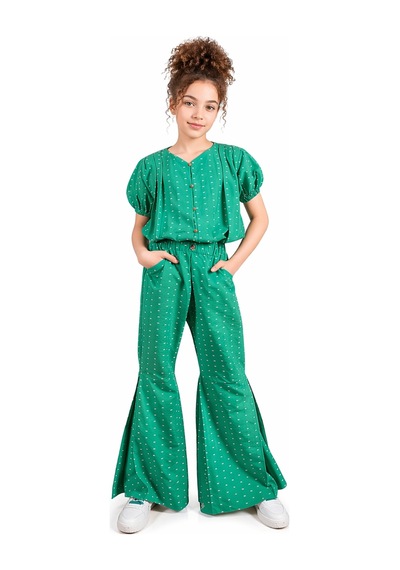 İrem Çocuk Giyim Kız Çocuk Puantiyeli Kısa Kollu Bluz Geniş Paça Modelli Pantolon Yeşil Renk Şık İkili Takım Yeşil İrem Çocuk Giyim Kız Çocuk Puantiyeli Kısa Kollu Bluz Geniş Paça Modelli Pantolon Yeşil Renk Şık İkili Takım Yeşil