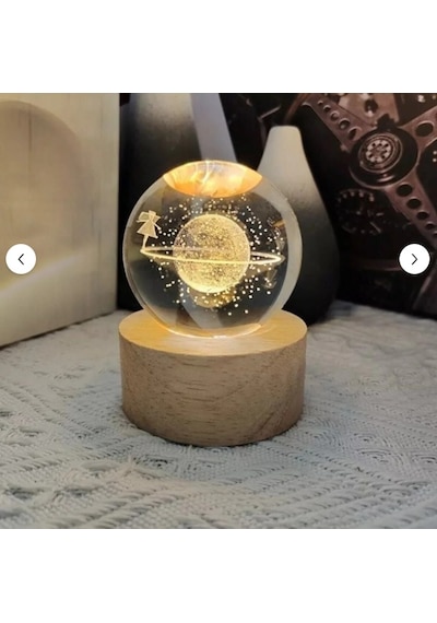 3d Kristal Cam Küre Ahşap Kaideli Gece Lambası - Satürn