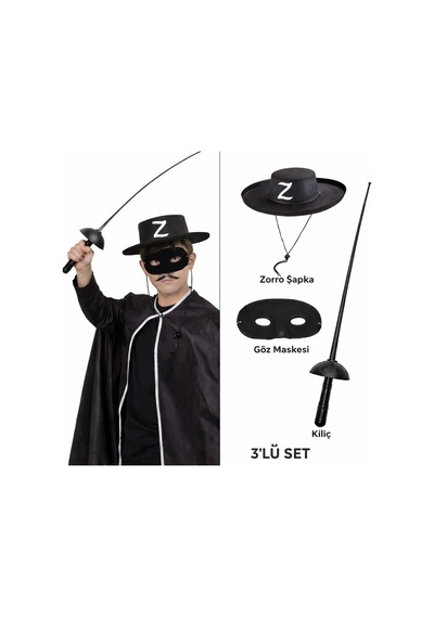Zorro Kostüm Seti 3 Lü Çocuk Şapka, Maske Ve