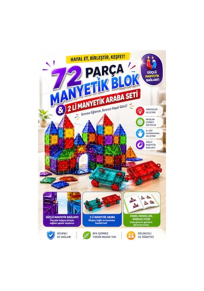 72 Parça Manyetik Yapı Blokları Ve 2'li Manyetik Araba Seti Eğitici Yapı Ve Tasarım Oyuncağı