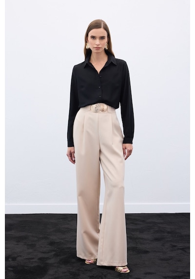 Sateen Aksesuarlı Pantolon - Bej-136561 Bej