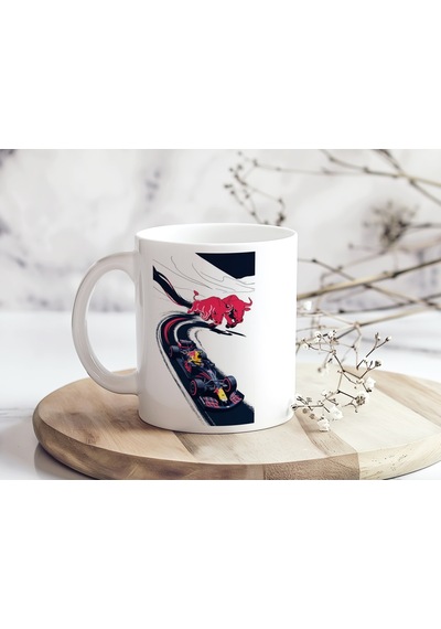 Red Bull Boğa Çizim Tasarım Kupa Bardak İki Boğalı Formula 1 Yarışı Konseptli Koleksiyonluk Hediye Beyaz