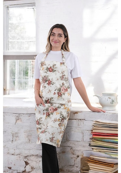 Sweet 3lü Set Ayarlanabilir Askılı Cepli Mutfak Önlüğü Seti 2 Eldiven Kahve Güller