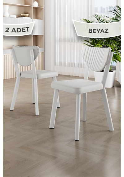 Fubi Serisi 2 Adet Deri Mutfak,cafe, Restaurant Sandalyesi Beyaz Metal İskeletli Beyaz Sandalye Beyaz İskelet