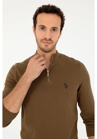 U.S. Polo Assn. Erkek Slim Fit Yarım Fermuarlı Haki Basic Kazak 50293517-VR027