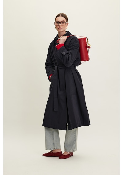Manuka Kemerli Oversize Gabardin Trençkot Lacivert Lacivert
